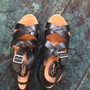 Clark’s black strap wedges